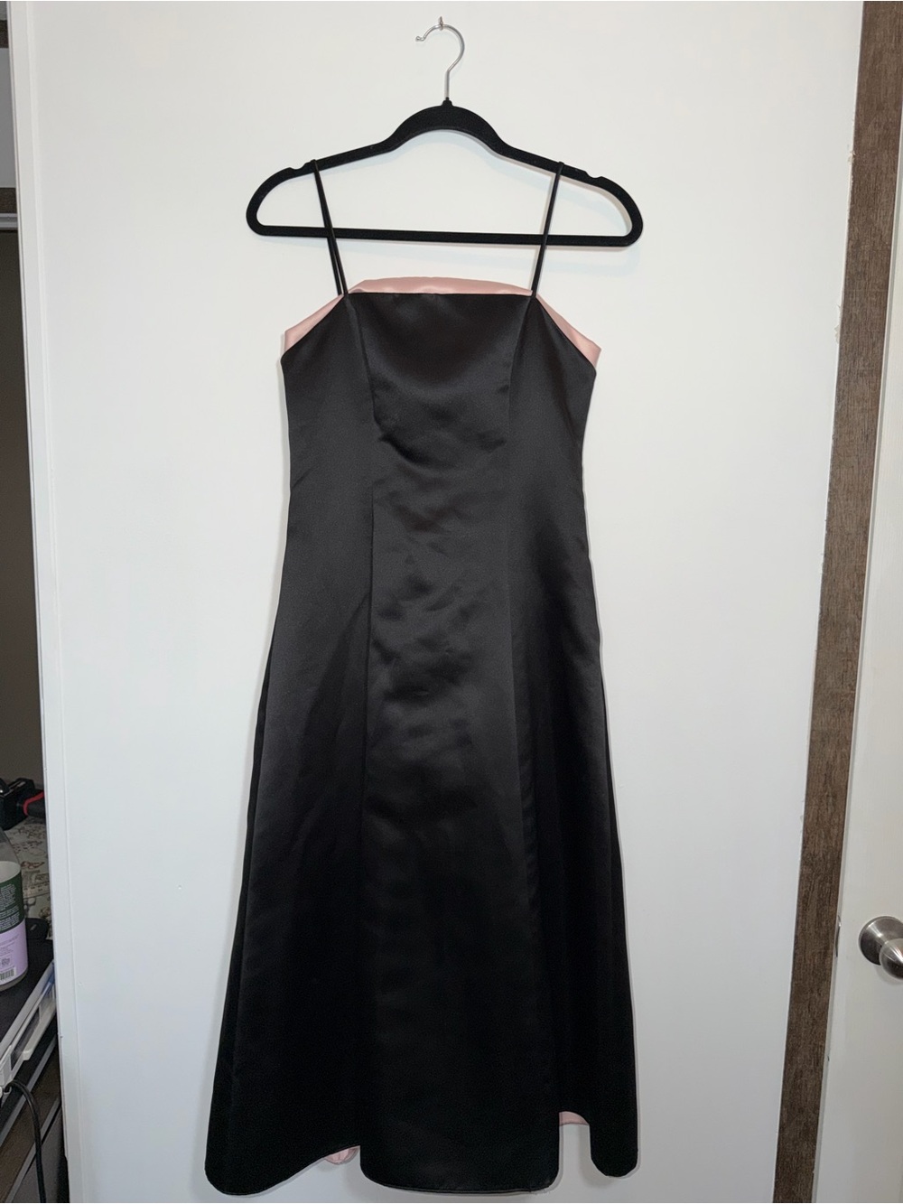 Betsy & Adam Black Satin Strapless Dress with Pale Pink Trim